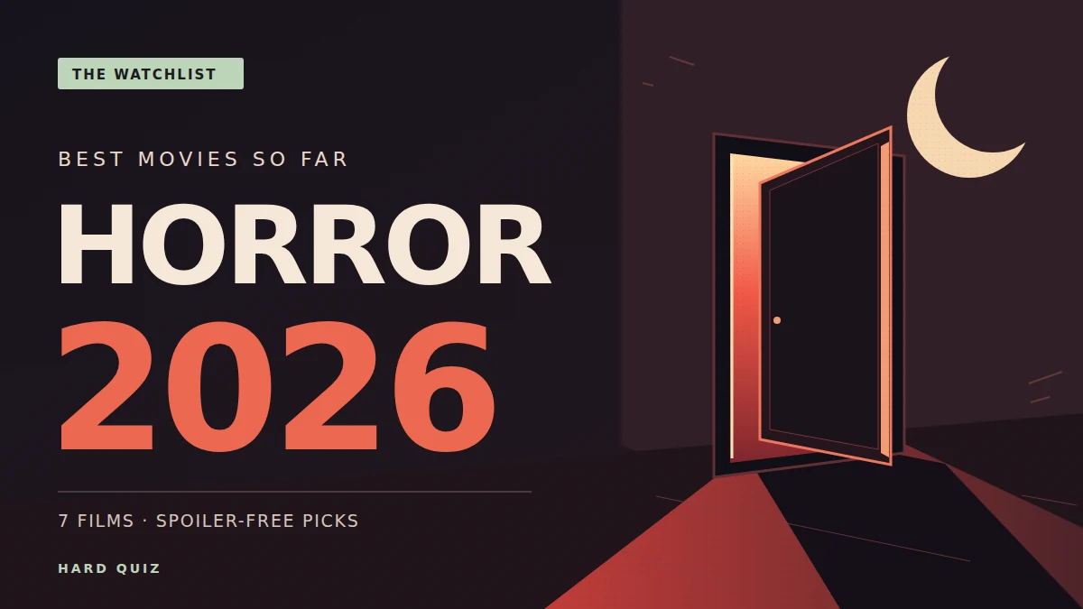 Original illustration of a red-lit doorway, a long shadow and a crescent moon, with the words Horror 2026
