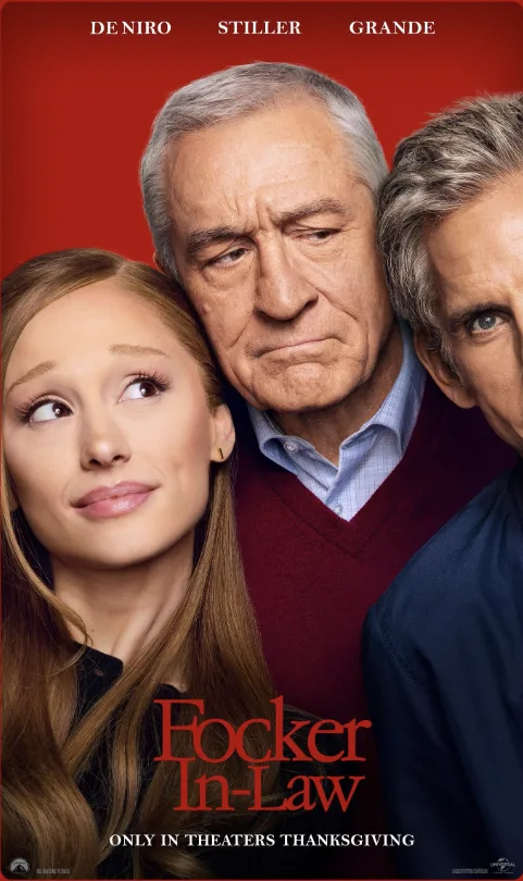 Focker-In-Law poster with three cast portraits against a red background.
