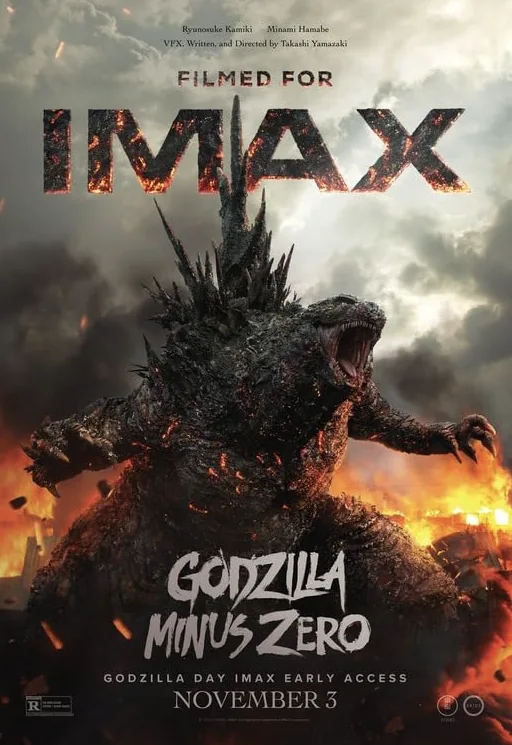 Godzilla surrounded by fire on a poster advertising November 3 IMAX early-access screenings.