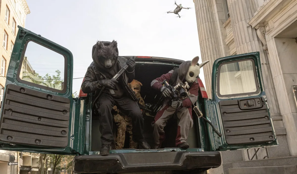 Armed robbers wearing animal masks climb out of the back of a green van.