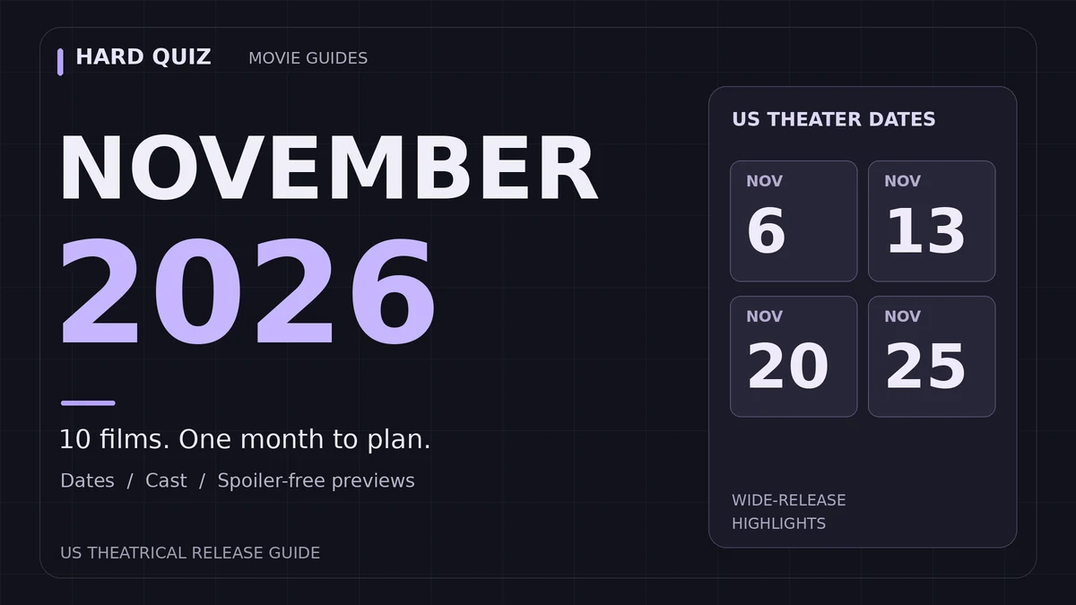 Original Hard Quiz calendar graphic for November 2026, highlighting November 6, 13, 20 and 25 as US theatrical release dates