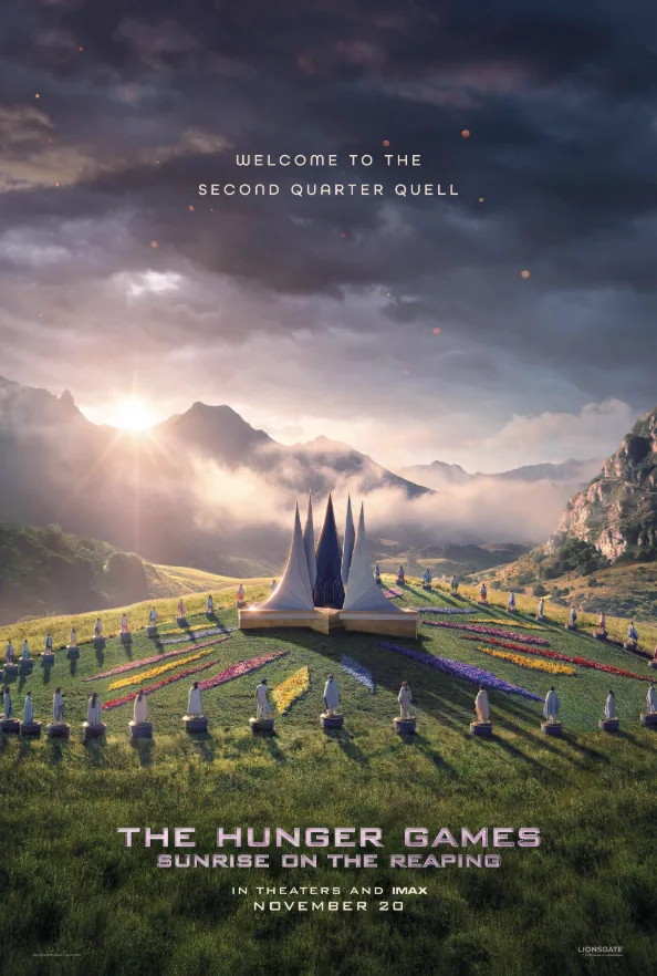 Sunrise on the Reaping poster showing a pointed monument and figures in a flower-filled mountain valley.